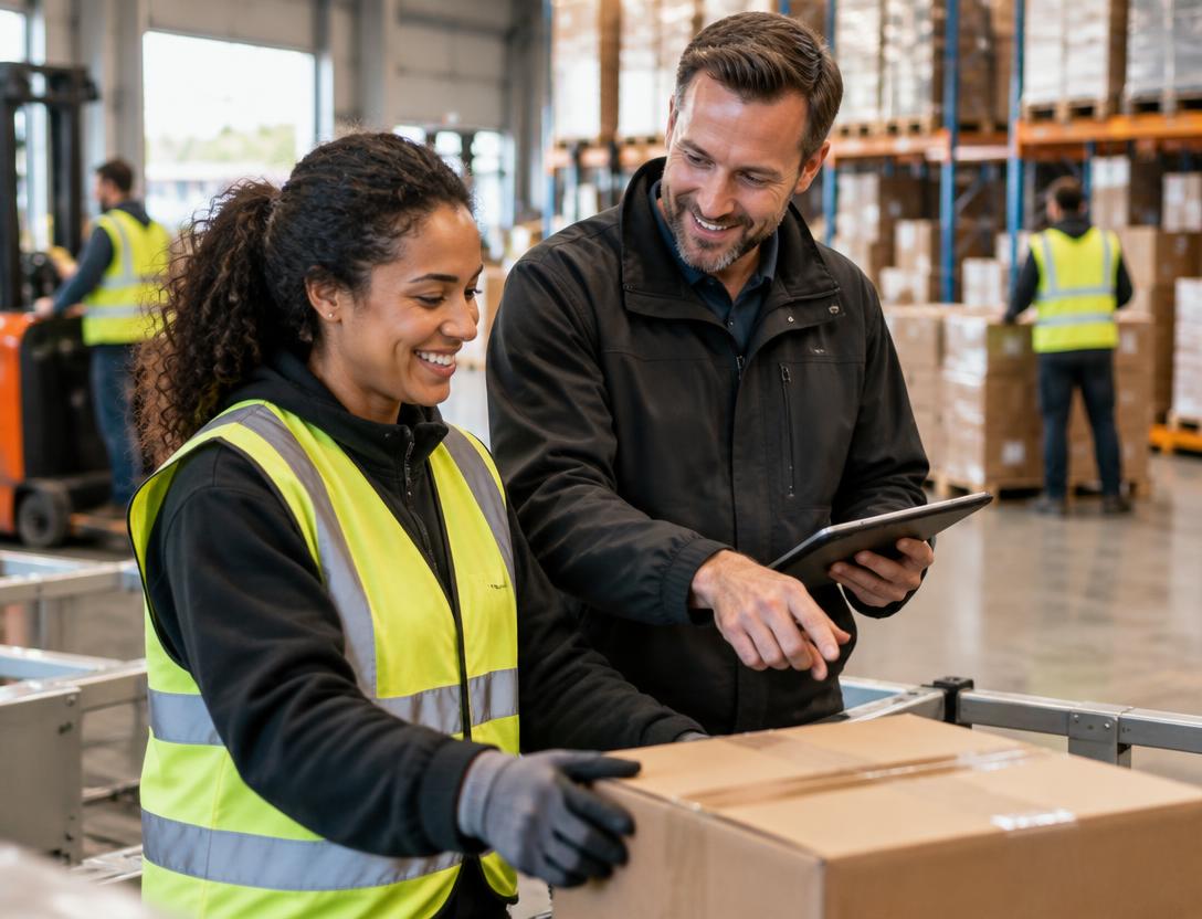 Medewerker en leidinggevende werken samen in een logistieke omgeving
